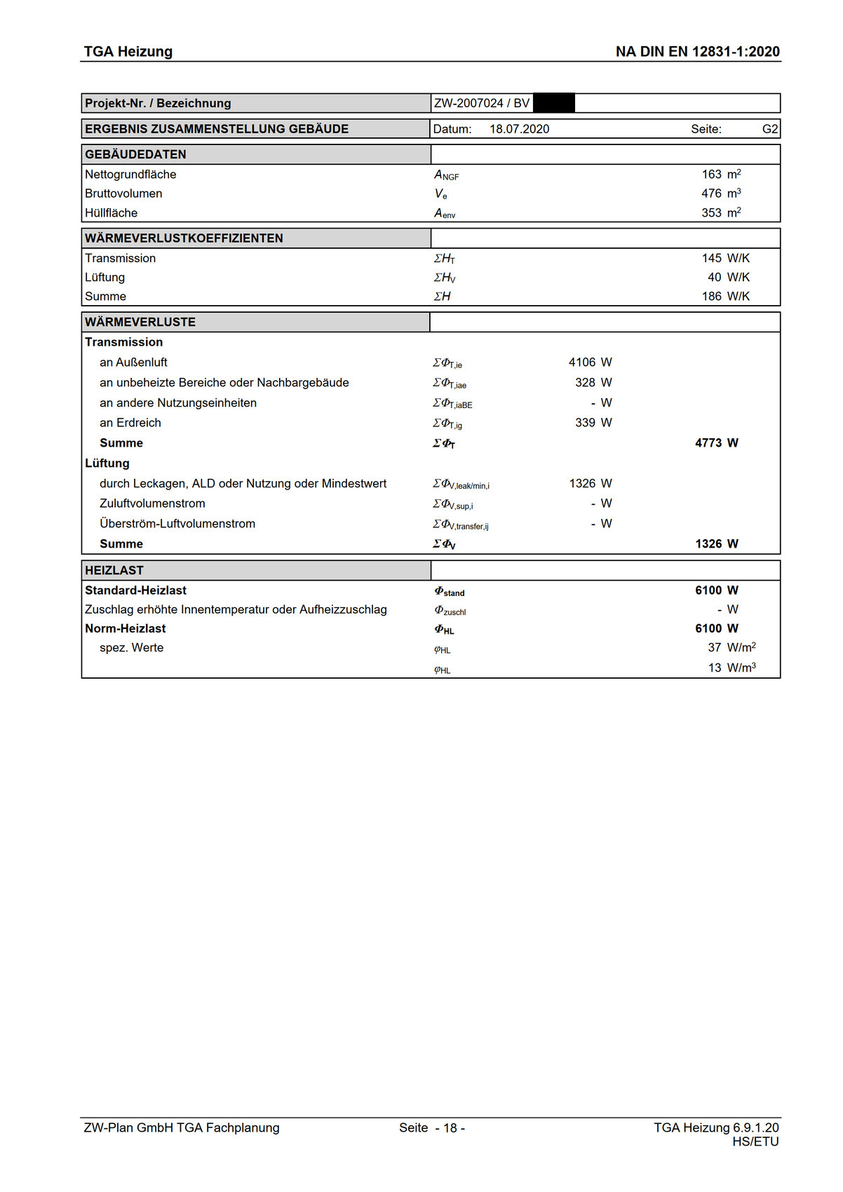Heizlast-Bericht mit Gebäudedaten und Wärmeverlusten als Tabellenübersicht.