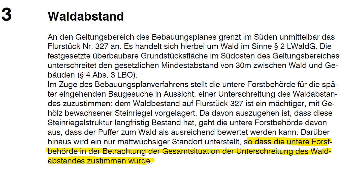 Seite 3 mit Überschrift Waldabstand und Fließtext zum Waldabstand im Bebauungsplan.