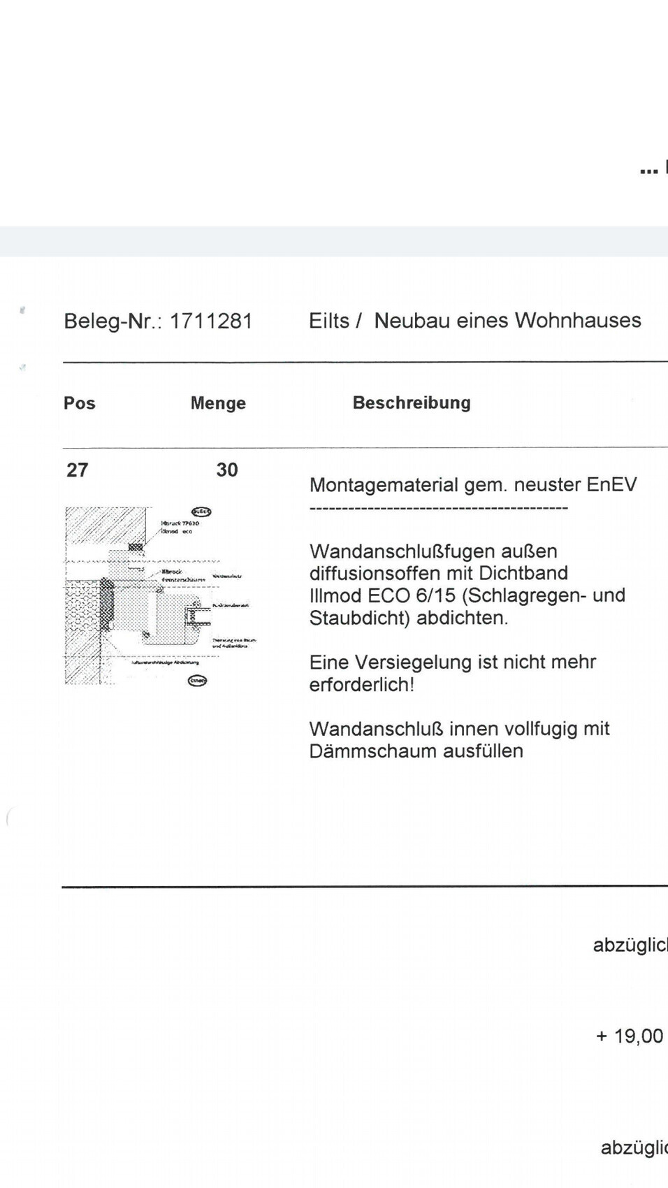 Beleg-Nr. 1711281: Neubau eines Wohnhauses; linke Skizze, rechte Positionsbeschreibung.