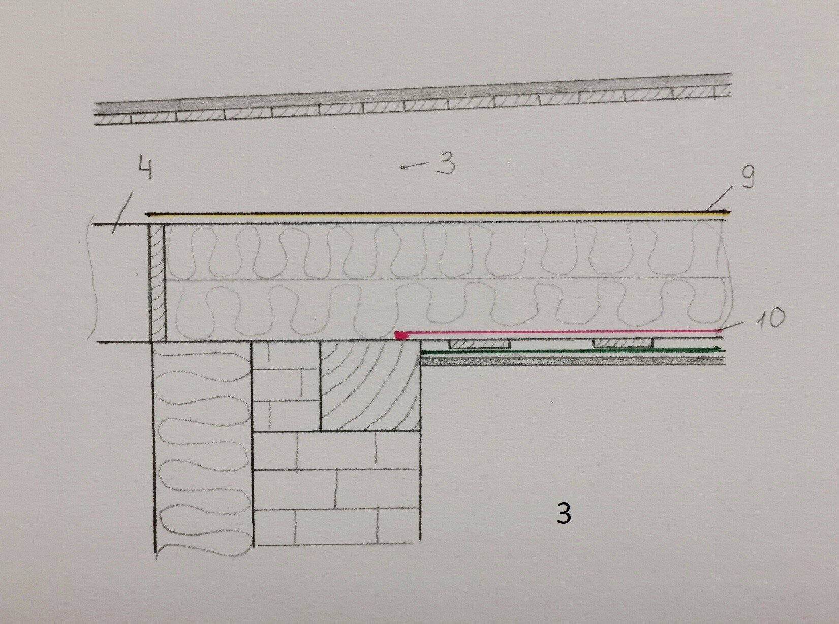 Querschnitt einer Baukonstruktion mit Dämmung, Ziegel- und Steinmauerwerk sowie Bodenaufbau.