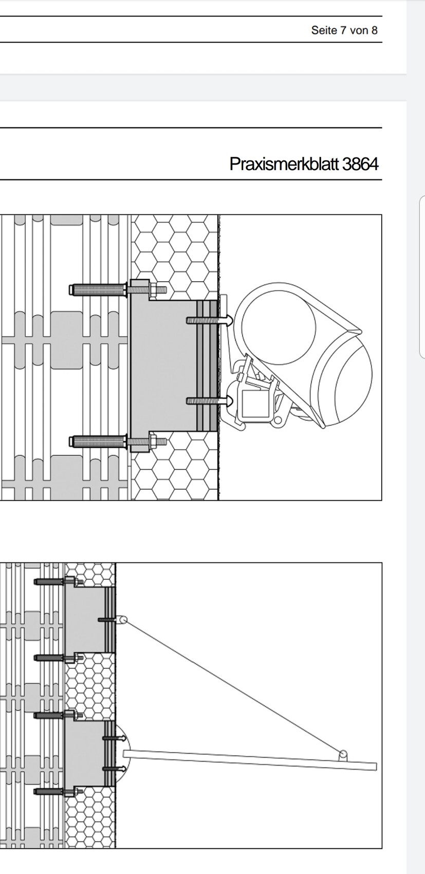 Technische Detailzeichnung eines Wandaufbaus mit Schraubanschluss, Dämmung und Haltearm.