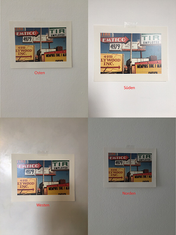 Vier kleine Fotos von bunten Werbeschildern mit Firmennamen an der Wand, Ost/Süd/West/Nord