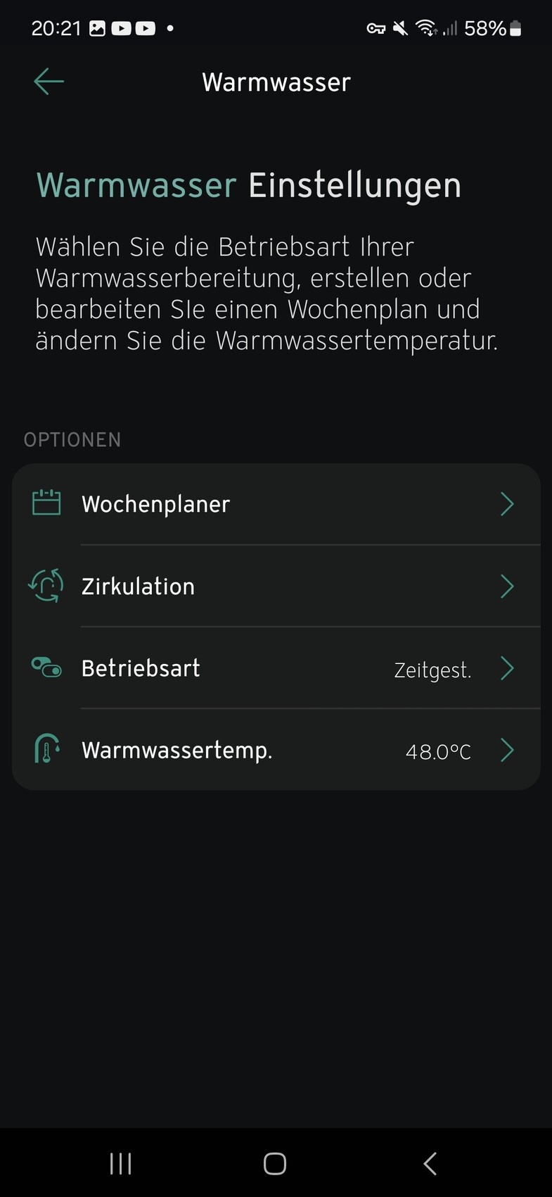 Smartphone-App: Warmwasser-Einstellungen mit Wochenplaner, Zirkulation, Betriebsart und 48.0°C.