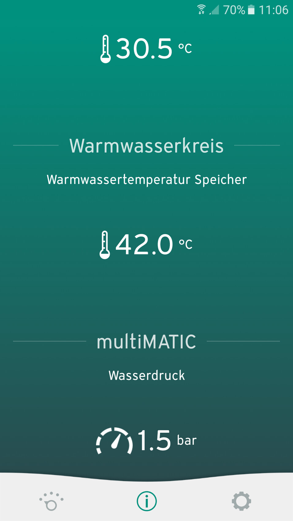 Smart-Home-App: Warmwasserkreis mit 30.5°C, Speicher 42.0°C und Wasserdruck 1.5 bar.