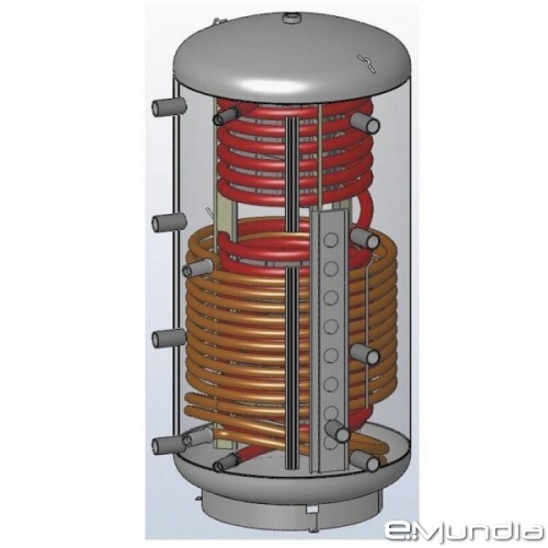Vertikaler Warmwasserspeicher mit zwei Wärmetauscher-Schlangen (rot oben, kupfer unten).