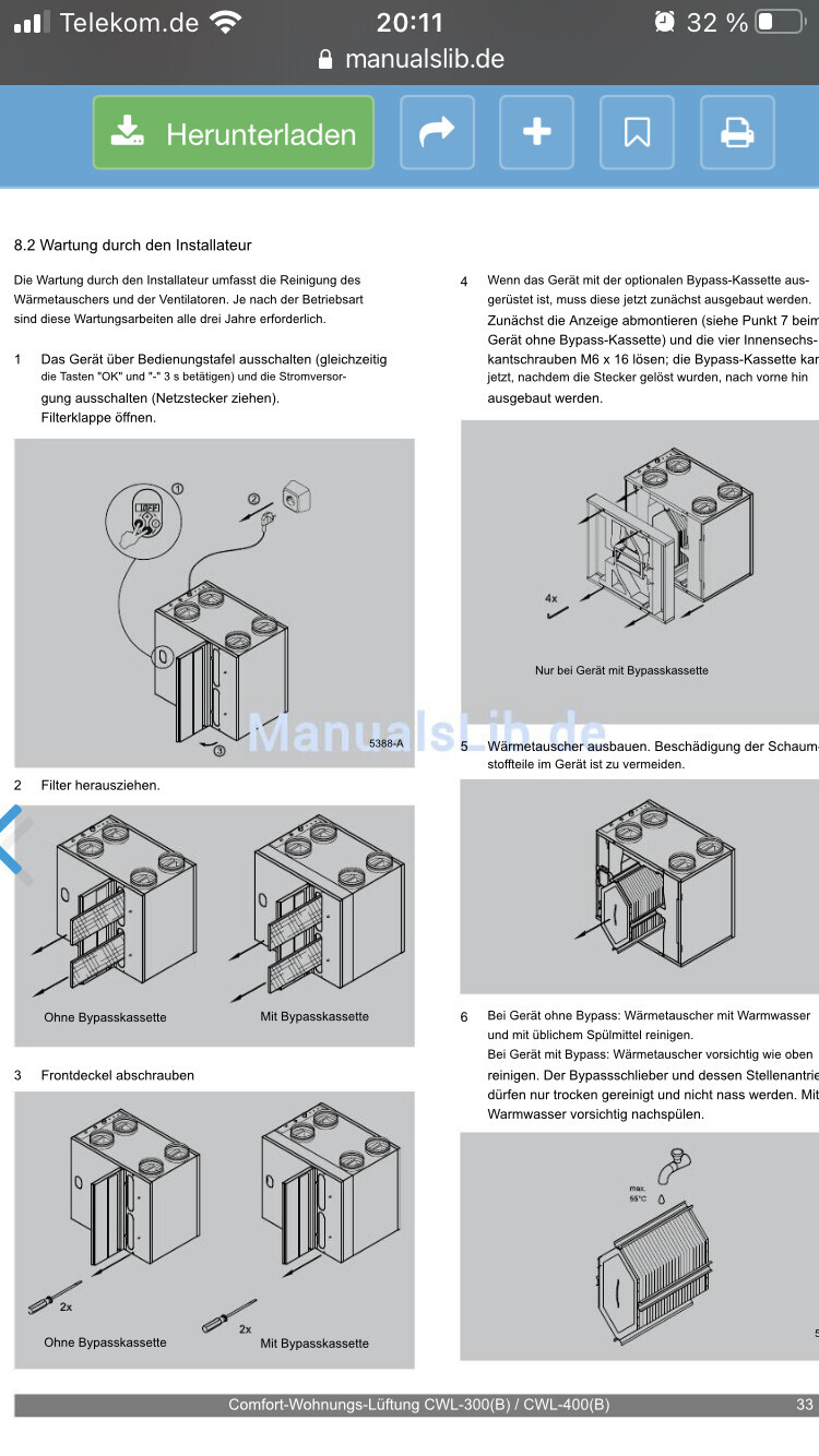 Diagramme zur Wartung eines Wärmetauschers: Ausschalten, Filterwechsel, Frontdeckel.