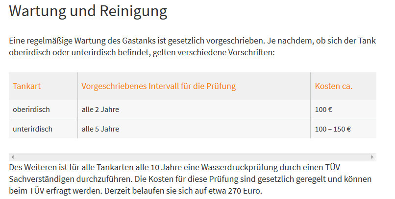 Wartung und Reinigung: Tabelle mit Tankarten, Prüfintervalle und Kosten; TÜV-Prüfung erwähnt.