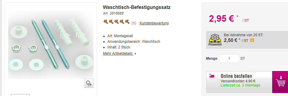 Waschtisch-Befestigungssatz mit Schrauben Dübeln Muttern und Unterlegscheiben