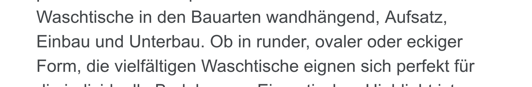 Text erläutert Waschtische in Bauarten Wandhängend, Aufsatz, Einbau und Unterbau.