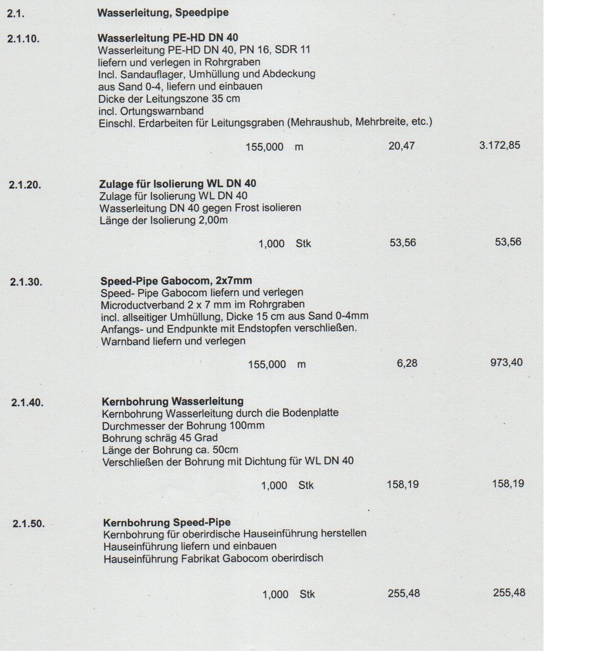 Scan eines technischen Dokuments zur Wasserleitung mit Positionen, Materialien und Preisen.