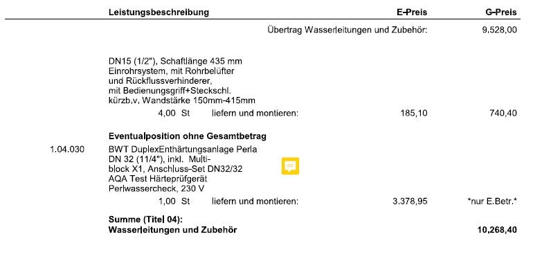 Tabellarische Preis- und Leistungsübersicht zu Wasserleitungszubehör (DN15, 1/2 Zoll).