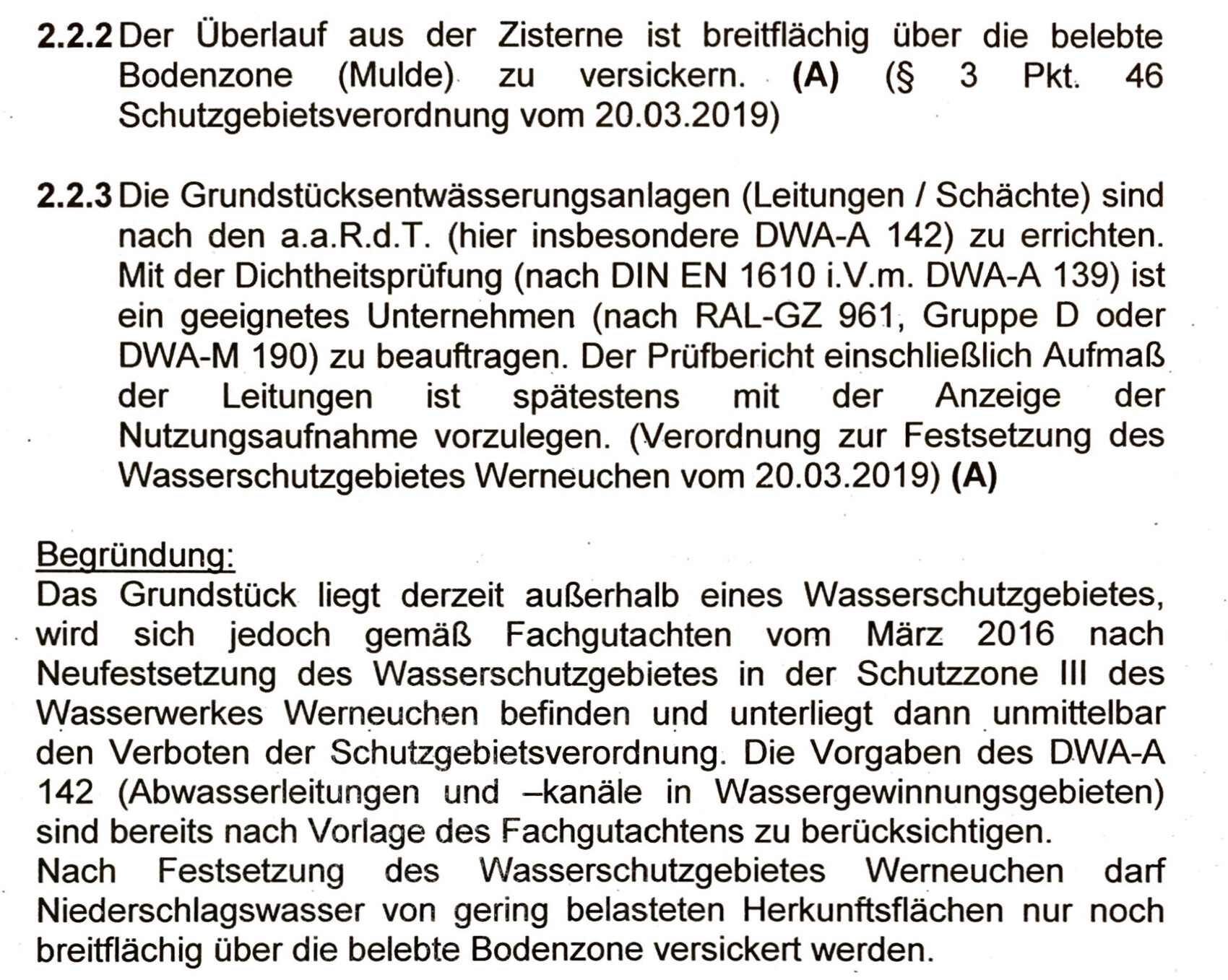 Textseite mit Gesetzesabschnitten zu Grundstücksentwässerung und Wasserschutzgebiet Werneuchen.