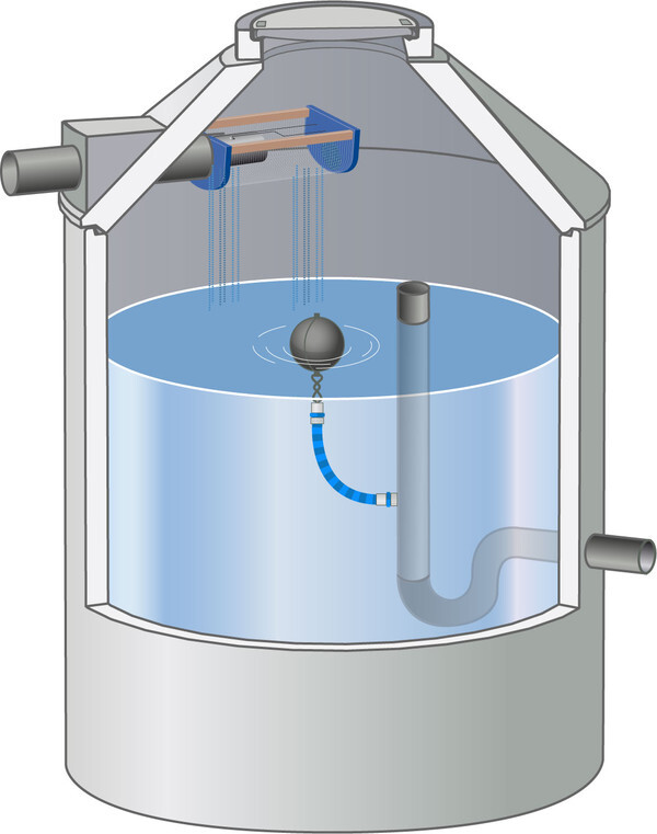 Großer Wasserbehälter mit Ball-Schwimmer, blauem Schlauch und Innenrohr