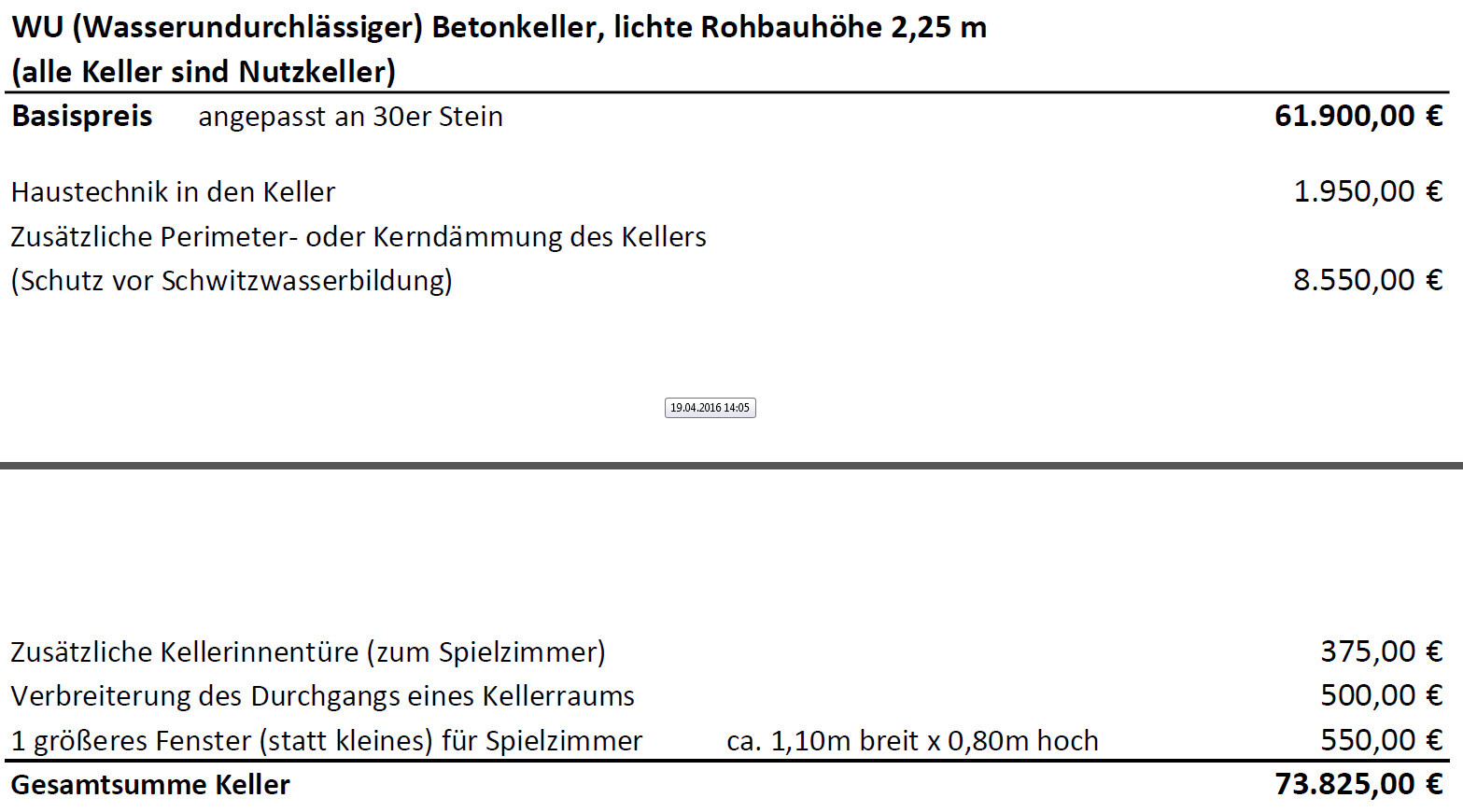Preisübersicht: WU-Keller, Basis 61.900 €, Gesamtsumme 73.825 €