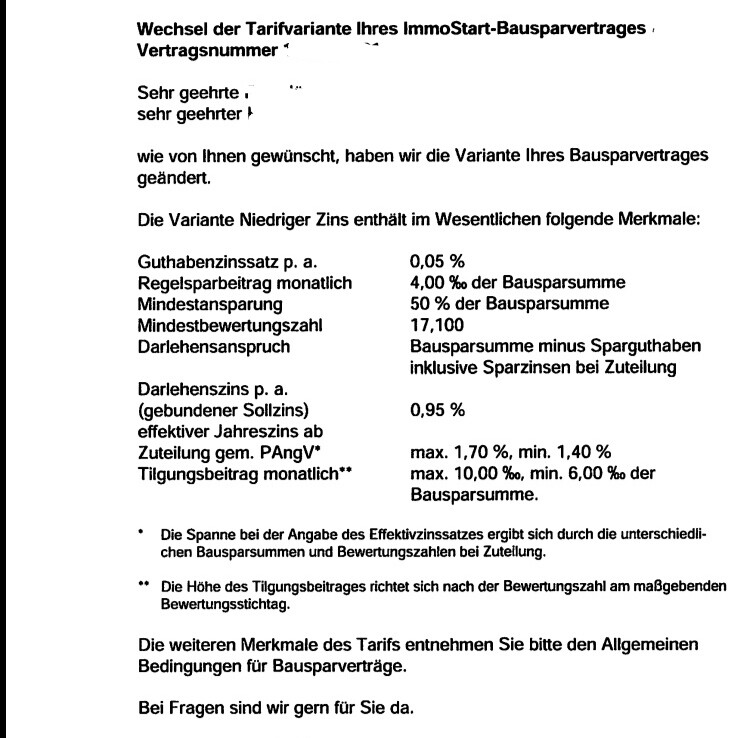 Dokument zeigt Tarifwechselvariante eines ImmoStart-Bausparvertrags mit Konditionen.