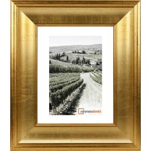 Foto eines Weinbergs mit Rebenreihen und Weg, eingerahmt in goldenen Rahmen.