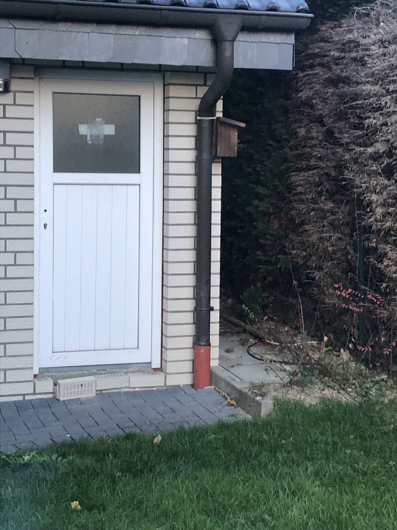 Weisse Aussentuer am Eingang eines gemauerten Hauses mit Dachrinne und Garten