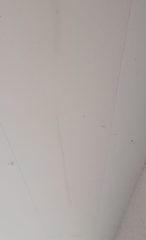 Weiße Wand mit feinen Kratzspuren und leichter Oberflächenstruktur.
