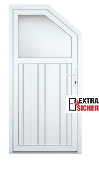 Weiße Eingangstür mit Glasfenster oben und Sicherheitsaufkleber an der Tür.