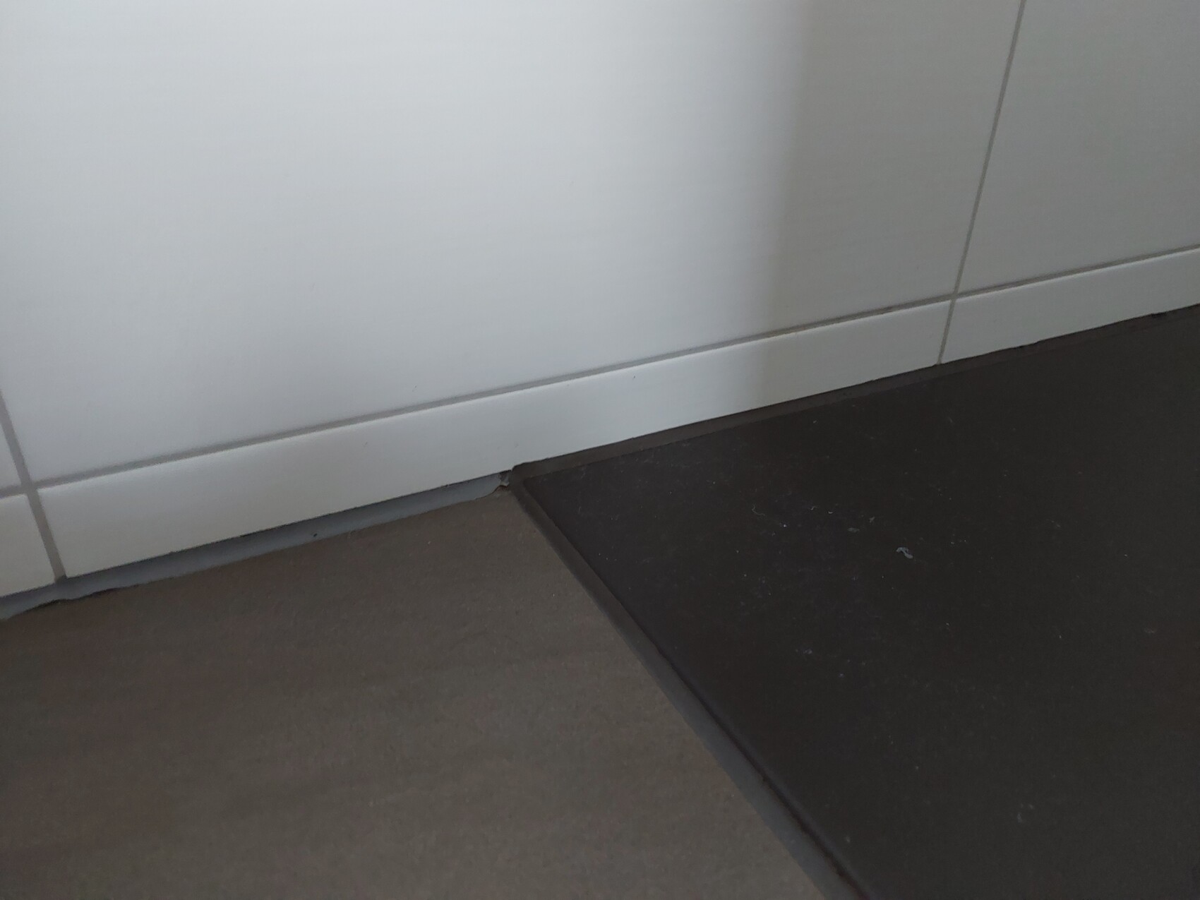 Nahaufnahme einer weisse Wandfliese, Bodenleiste und dunklem Bodenbelag.