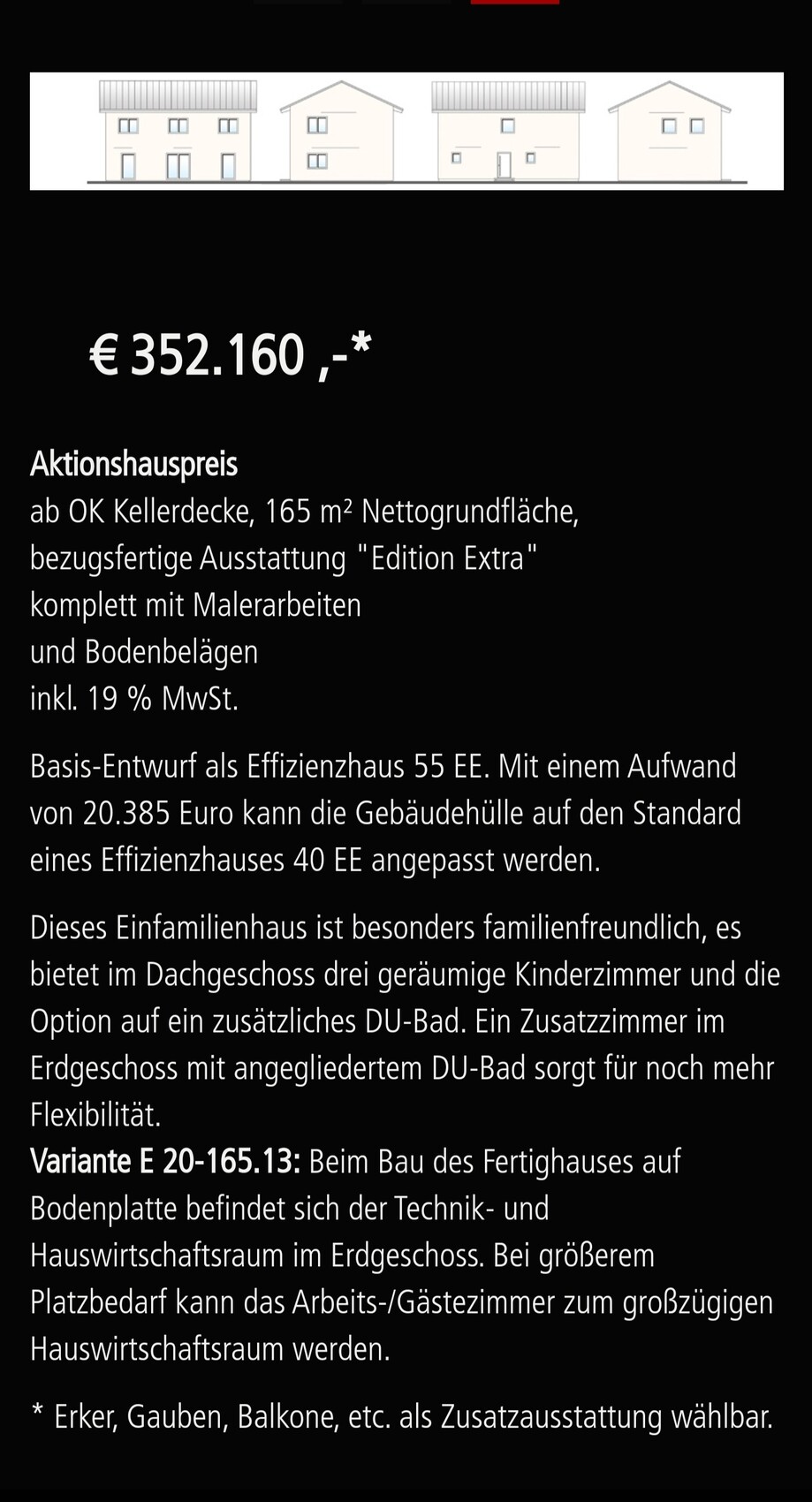 Drei Reihenhäuser über Preisangabe €352.160 und Immobilienbeschreibung.