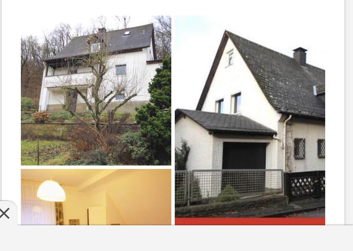 Collage: Zwei Häuser von außen (Garten/Einfahrt) und heller Innenraum mit Pendelleuchte.