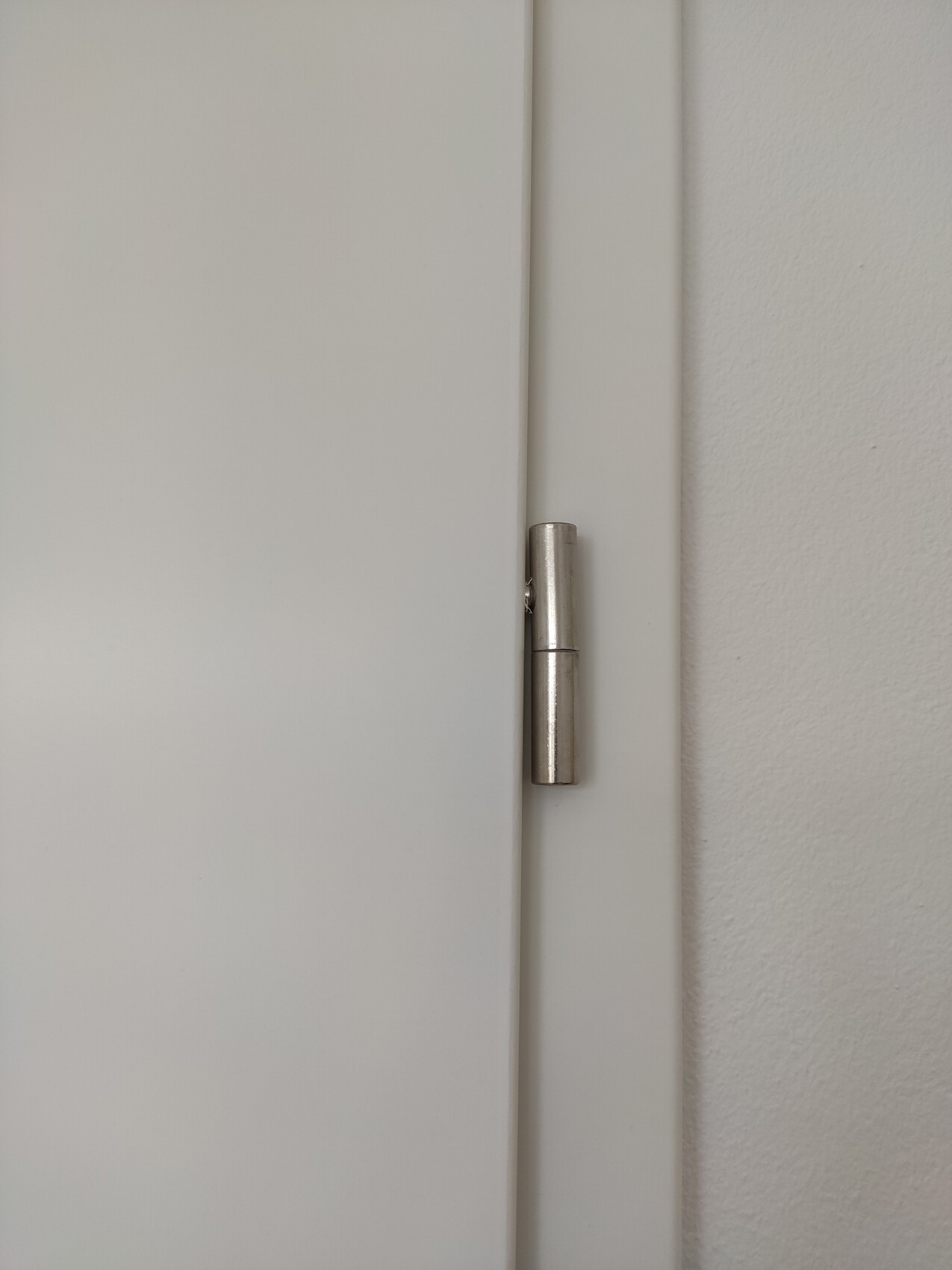 Nahaufnahme eines silbernen Türscharniers an einer weißen Tür.