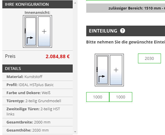 Online-Konfiguration einer 2-teiligen Tür, Innenansicht, Preis 2.084,88 €