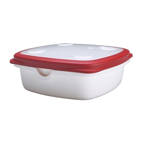 Weisse Plastik-Lunchbox mit rotem Deckel, idealer Behälter für Essen