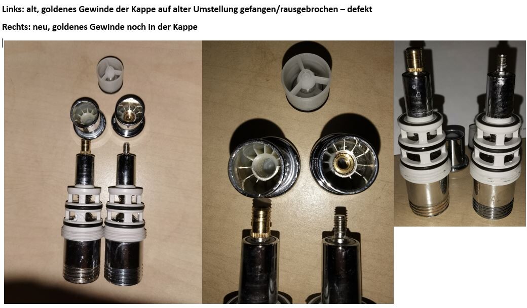 Dreiteilige Nahaufnahme: links defektes goldenes Gewinde in alter Kappe, rechts neue Kappe.