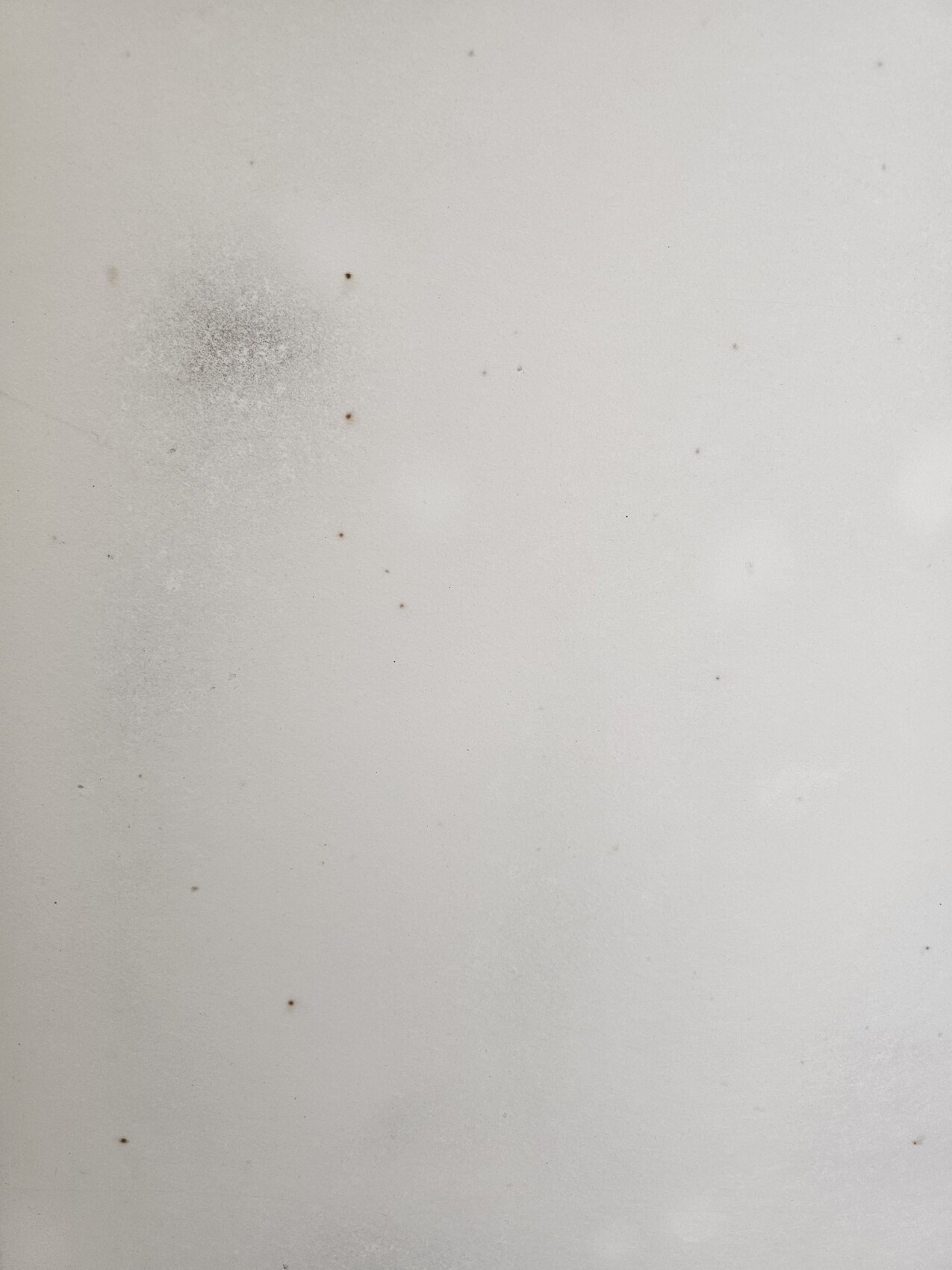 Weiße glatte Oberfläche mit vielen kleinen braunen Flecken und einem größeren Fleck links oben.