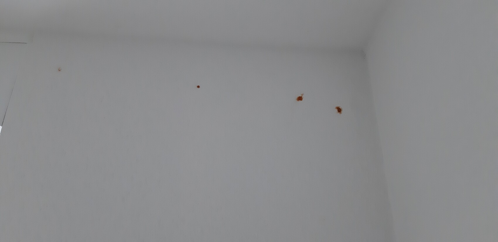 Weiße Innenwand mit drei rostigen Flecken, Ecke des Raums sichtbar.