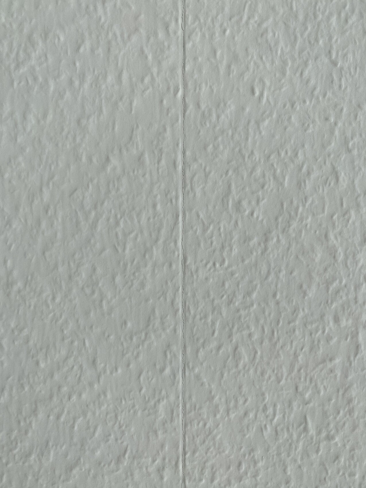 Weiße Wand mit rauer Struktur und einer senkrechten Risslinie in der Mitte.