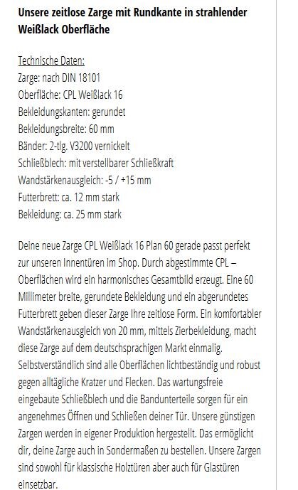 Zarge in Weißlack mit runder Kante; Produktseite zeigt technische Daten und Maße.