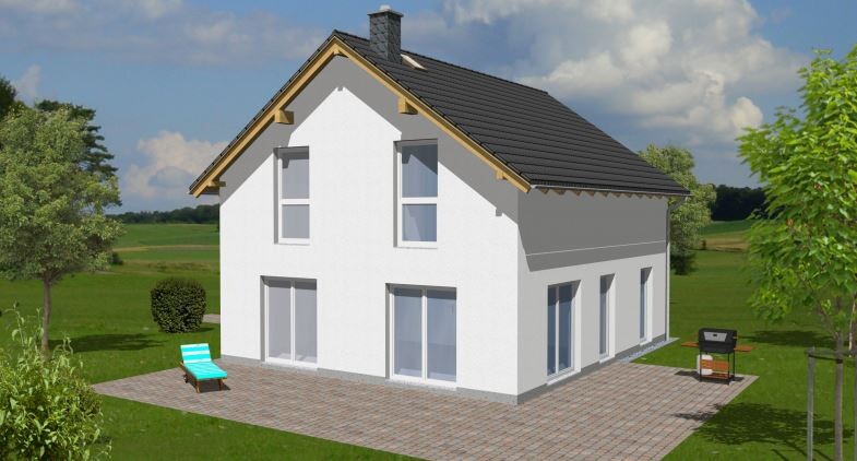 Weißes zweistöckiges Haus mit grauem Dach, Terrasse, Garten und Grill.