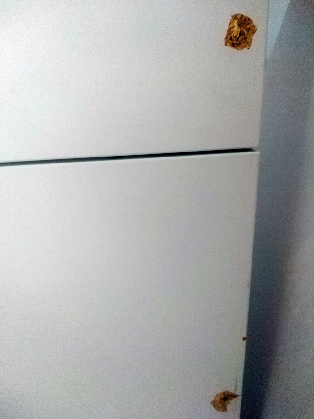 Weißer Schrank mit zwei Türen; rechts oben und rechts unten braune Flecken.