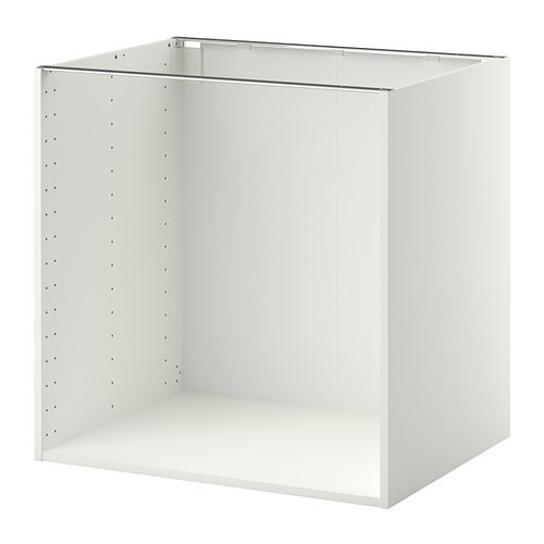 Weißer offener Küchen-Unterschrank, Seiten mit Lochreihen für verstellbare Regalböden.