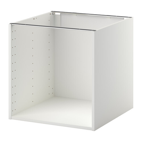 Weißer offener Unterschrank ohne Türen; Innenseite mit Lochreihe für Regale.