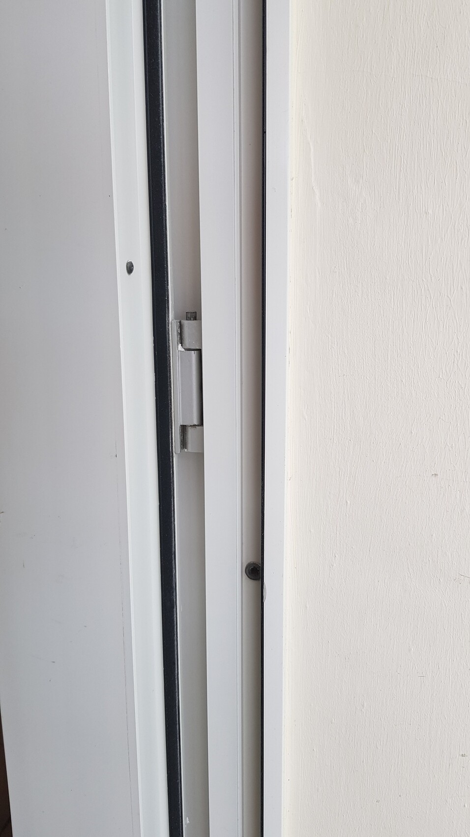 Weißer Türrahmen mit Metall-Scharnier an der Türseite; beige Wand rechts sichtbar.
