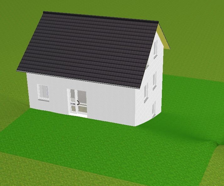 Kleines weißes Einfamilienhaus mit dunkelgrauem Ziegeldach auf grünem Rasen, isometrische Ansicht.