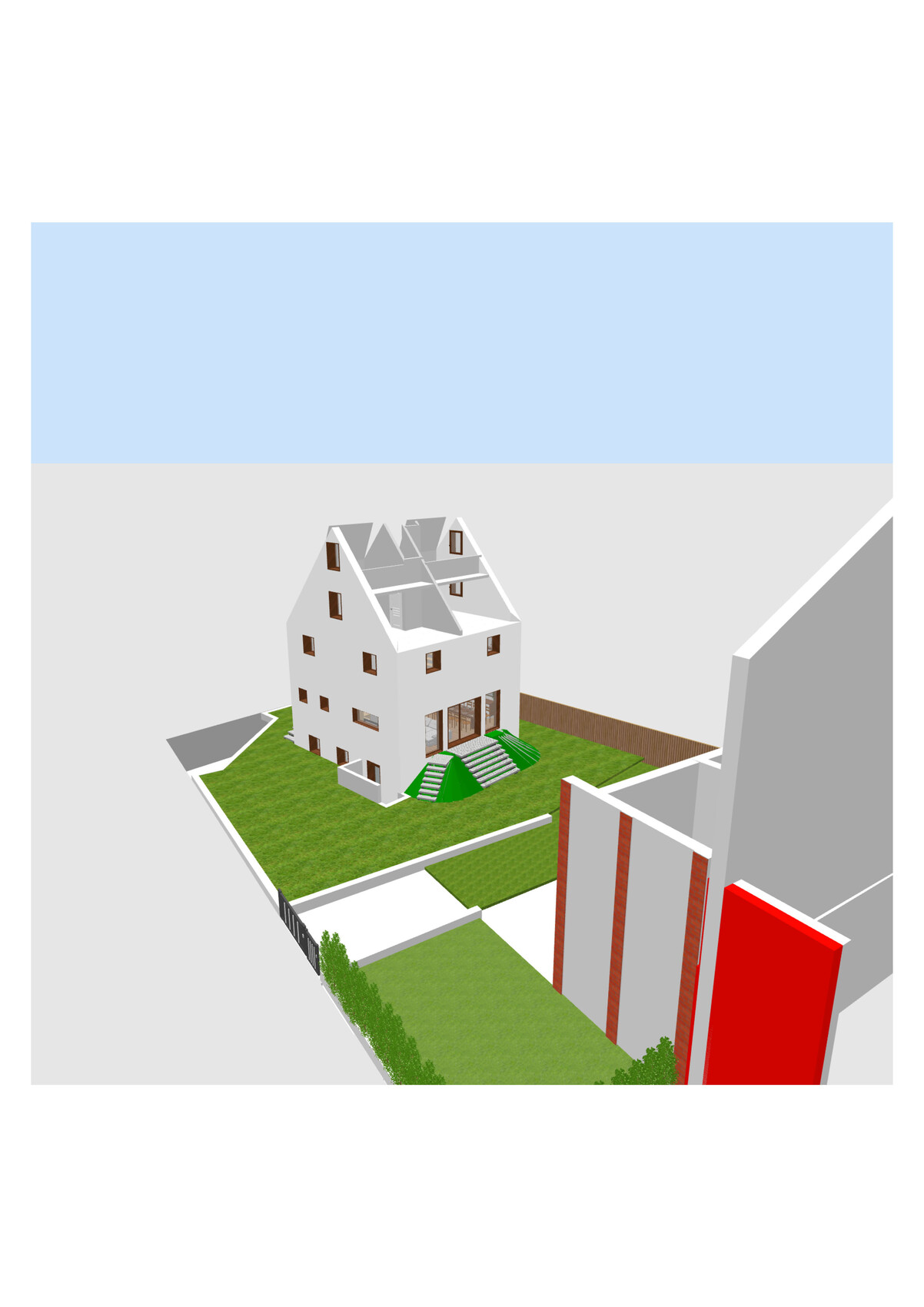 Isometrische Ansicht eines weißen Mehrfamilienhauses mit grünem Garten und Nachbargebäude.