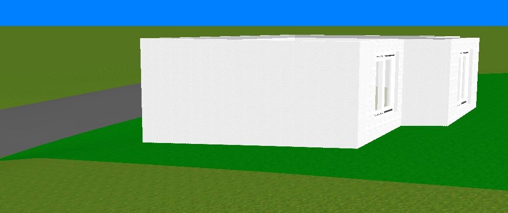Weißes 3D-Hausmodell auf grünem Grundstück vor blauem Himmel