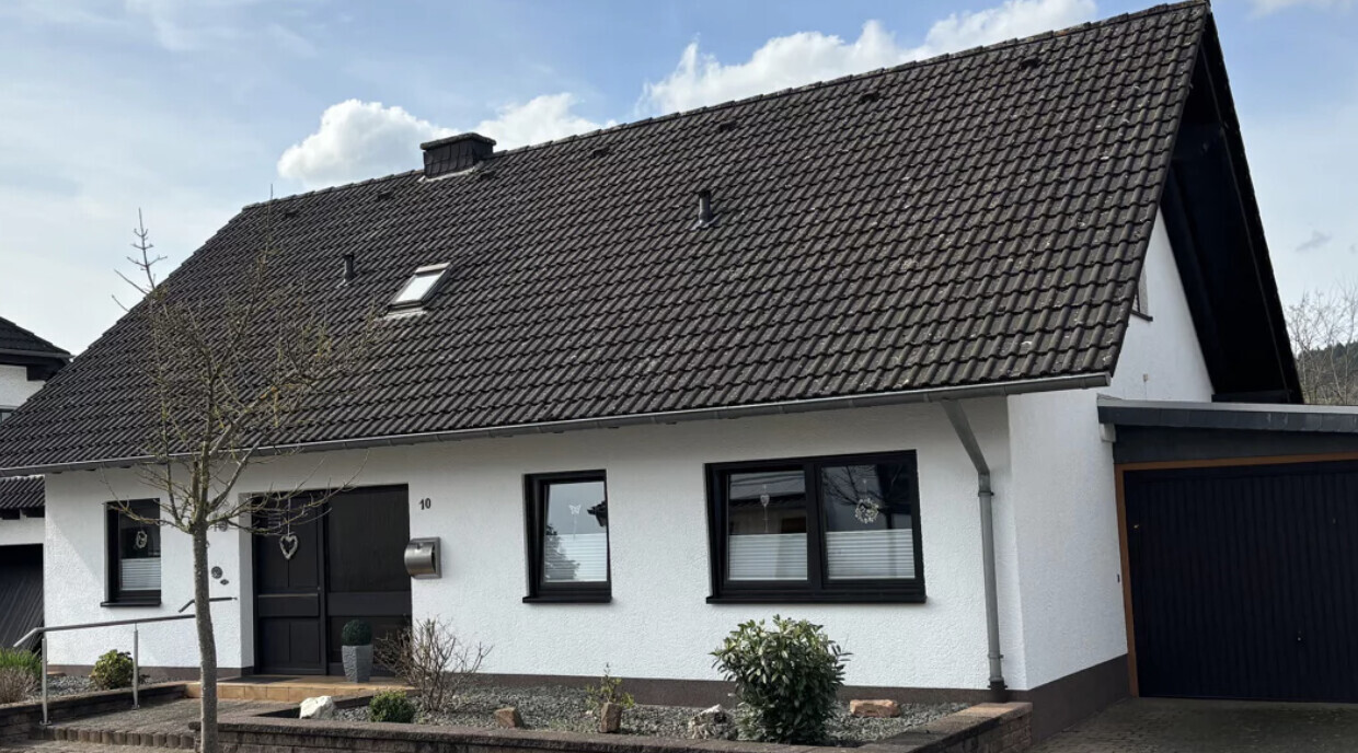 Weisses Einfamilienhaus mit dunklem Satteldach, Garage rechts, Baum vorne.