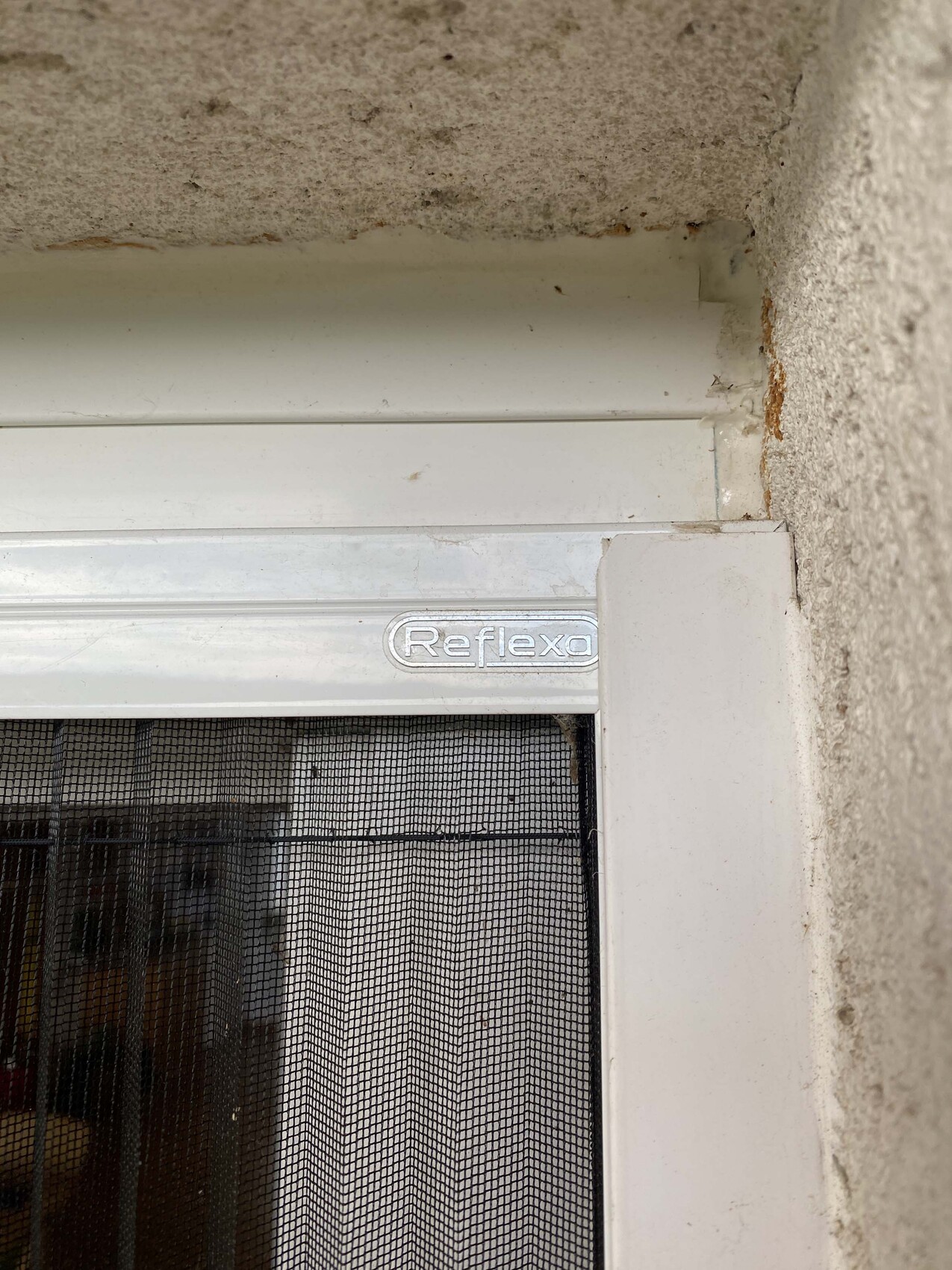 Weißer Fensterrahmen mit Fliegengitter, Reflexa-Logo sichtbar.