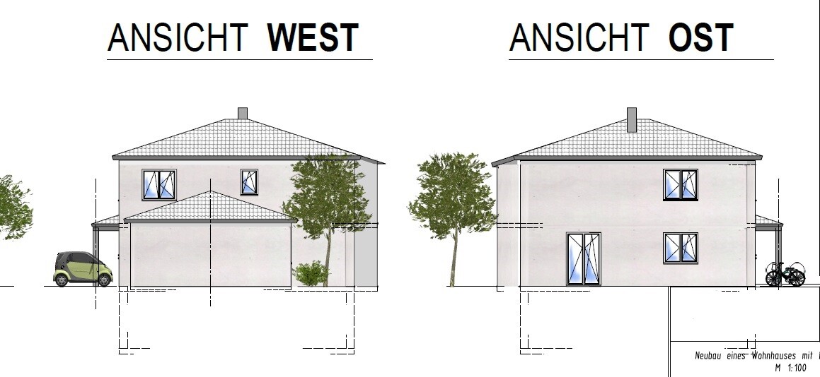 Ansichten West und Ost eines zweigeschossigen Hauses mit Garage, Bäumen, Auto links, Fahrrad rechts.