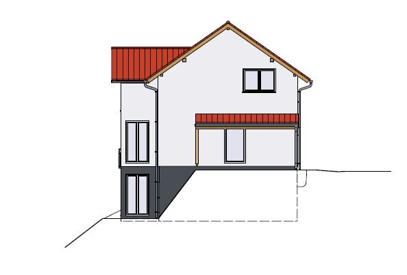 Zweistöckiges Haus mit rotem Ziegeldach, weißen Wänden, dunklem Sockel und Grundlinie