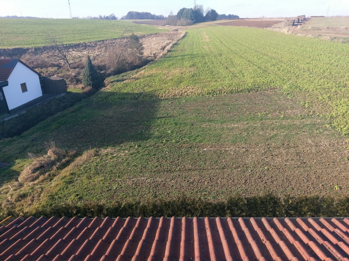 Weisses Haus am Feldrand mit rotem Ziegeldach im laendlichen Umfeld