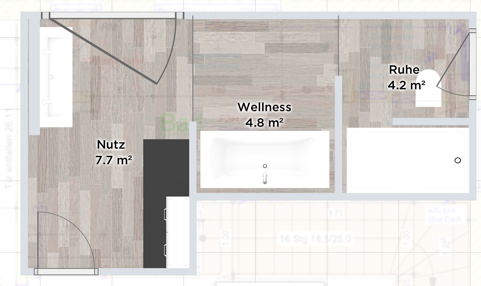 Grundriss eines Wellnessraums mit drei Zonen: Nutz, Wellness (mit Badewanne) und Ruhe.