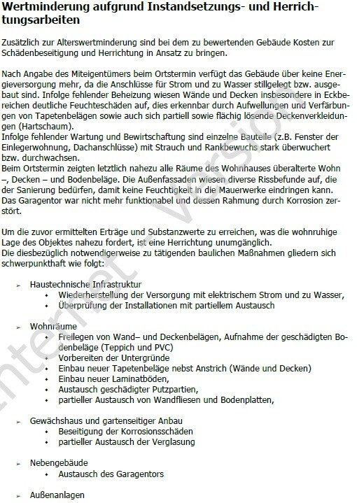 Dokumentenseite mit Text zu Wertminderung durch Instandsetzungsarbeiten