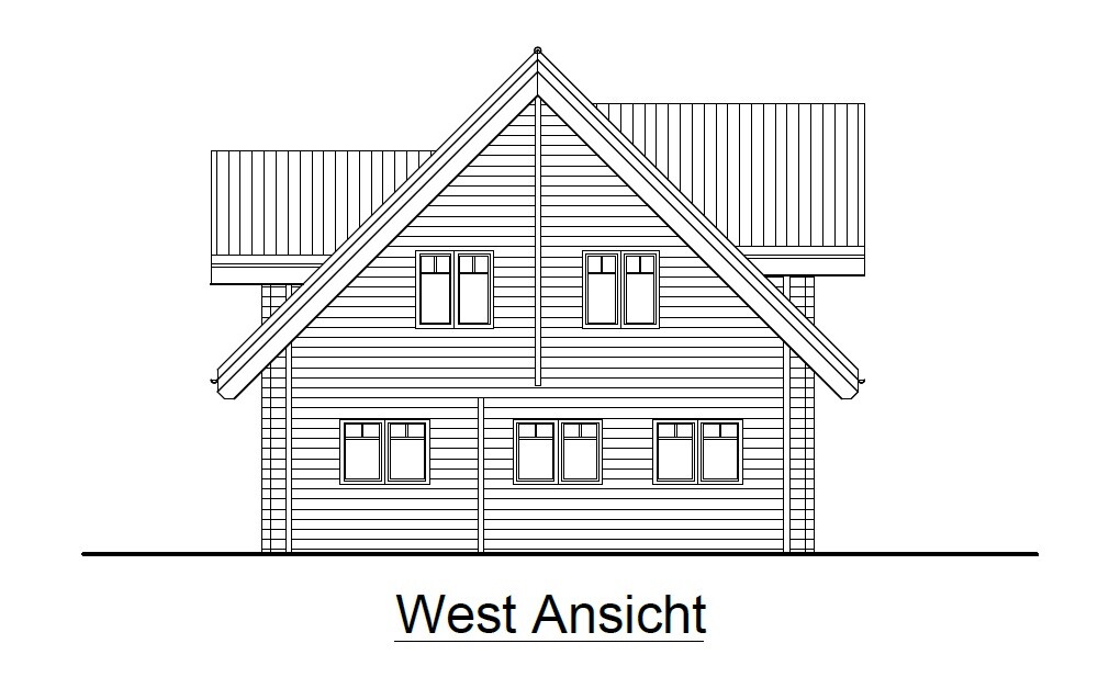 Westansicht eines zweigeschossigen Holzhauses mit Satteldach und vielen Fenstern.